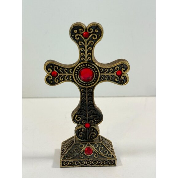 Vintage Ornate Standing Cross Decor Paperweight Red Jeweled Stones Heart 4" Tall - Picture 1 of 7